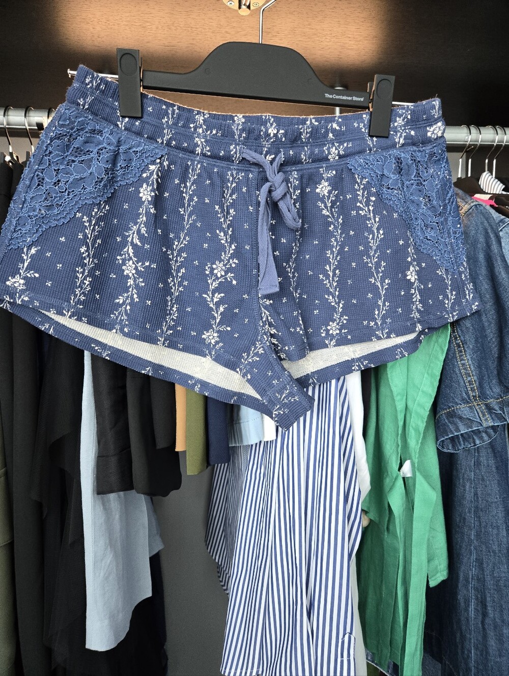 Navy Floral Lace-Trim Athletic Shorts with Drawstring Waist